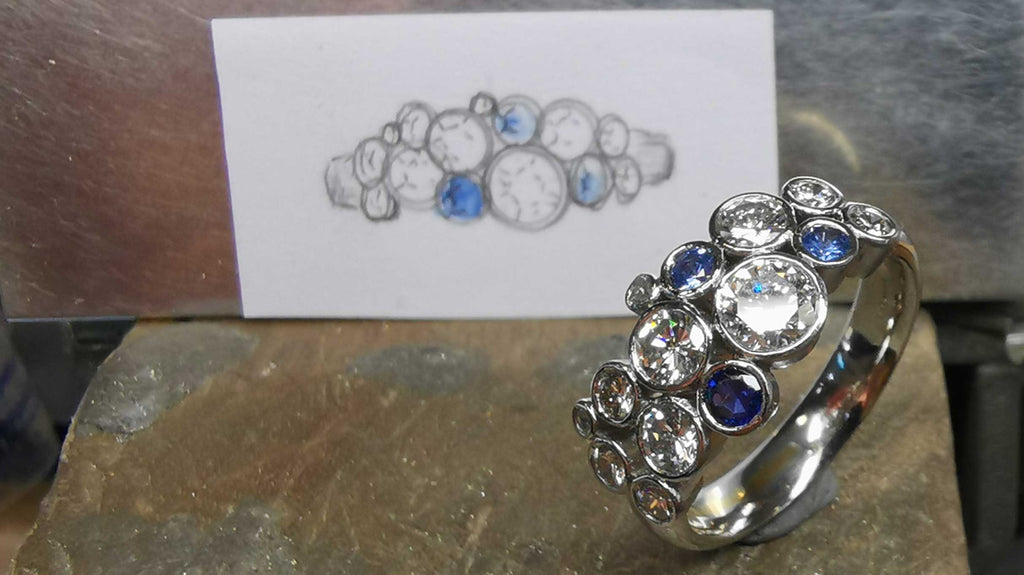 Bespoke Hand Fabricated Remodelled Platinum Ring with Inherited Diamonds and Sapphires