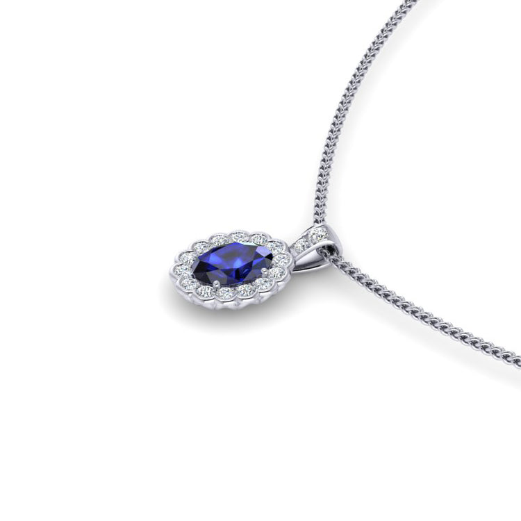 Sapphire and Diamond Cluster Platinum Pendant Perspective View