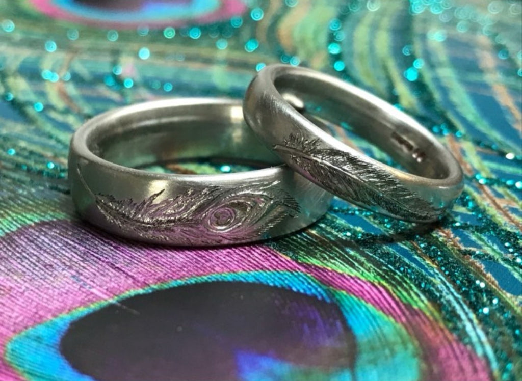 Peacock Engraved Matching Wedding Rings