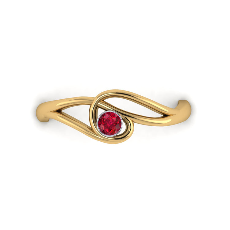 18ct Gold and Fine Ruby Curlicue Ring Looking Down View