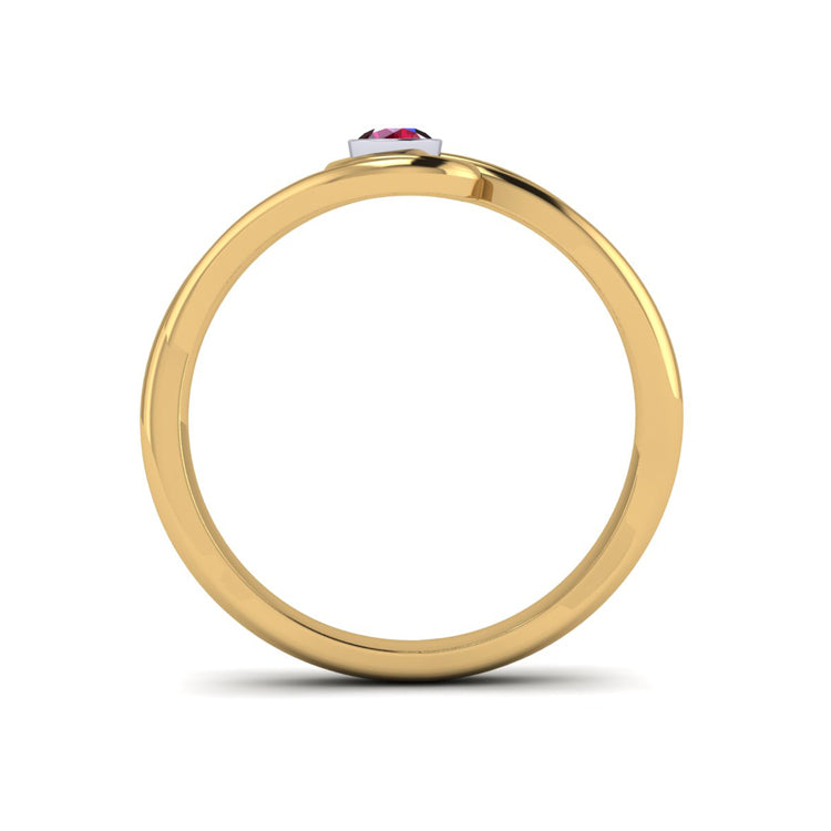 18ct Gold and Fine Ruby Curlicue Ring Through Finger View