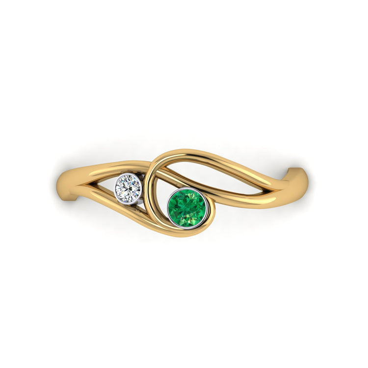 18ct Yellow Gold Emerald and Fine Diamond Curlicue Ring Looking Down View