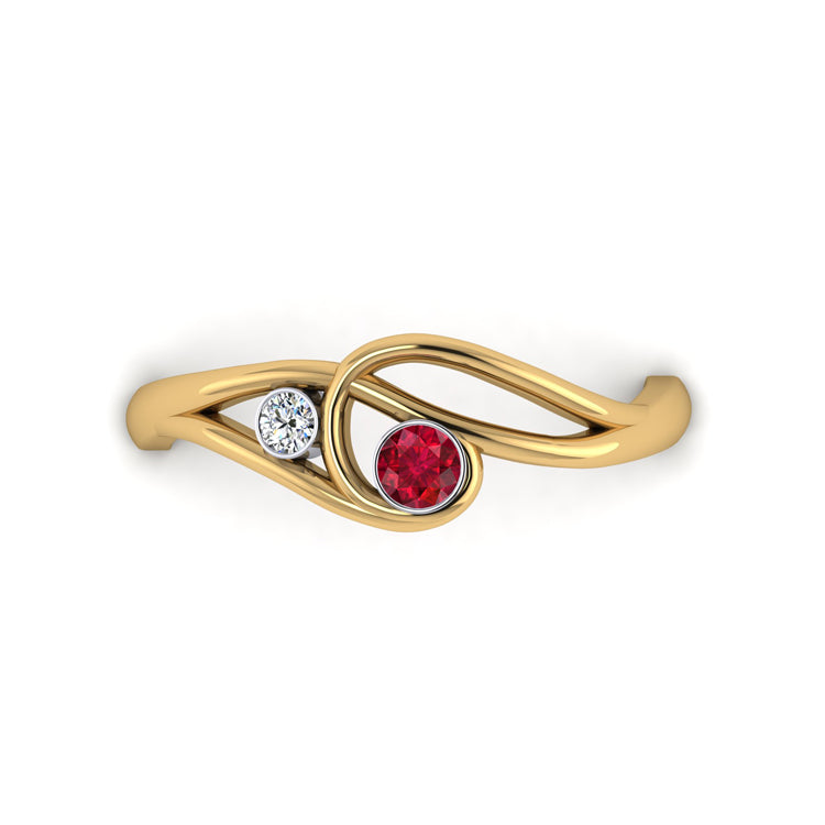 18ct Yellow Gold Ruby and Fine Diamond Curlicue Ring Looking Down View