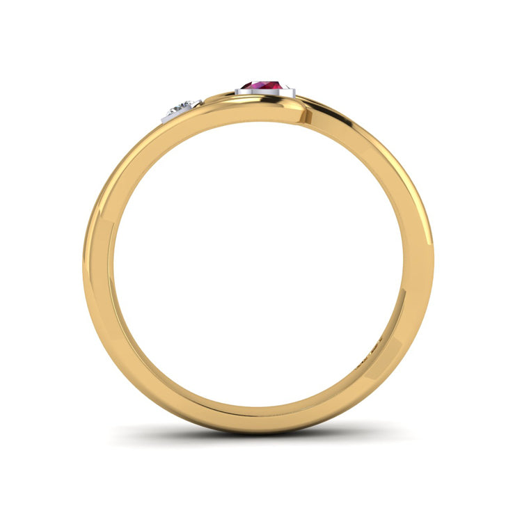 18ct Yellow Gold Ruby and Fine Diamond Curlicue Ring Through Finger View