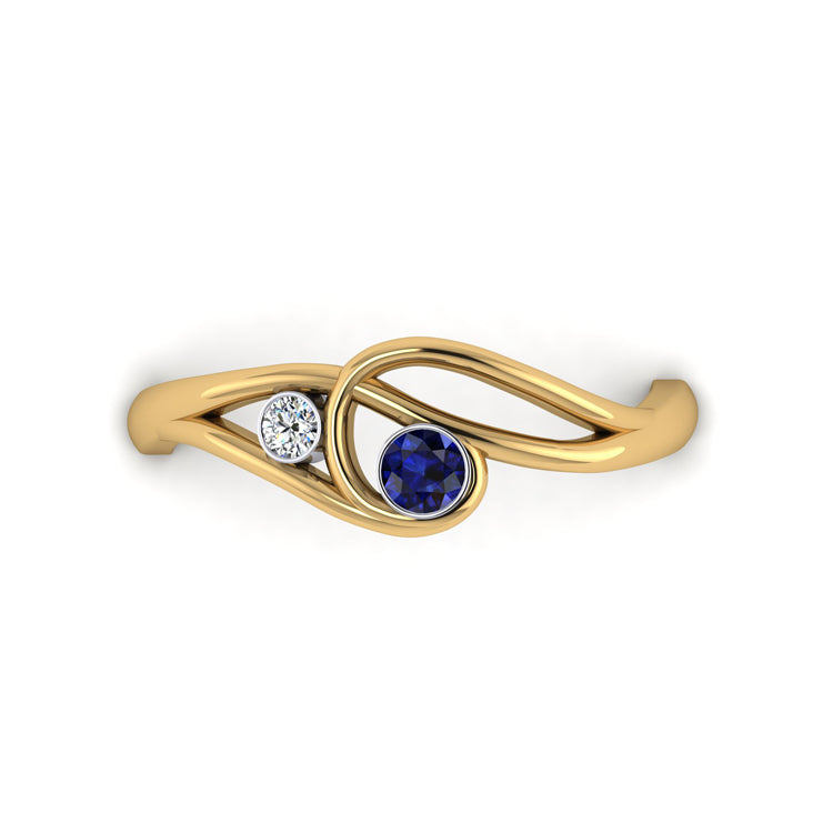 18ct Yellow Gold Sapphire and Fine Diamond Curlicue Ring Looking Down View