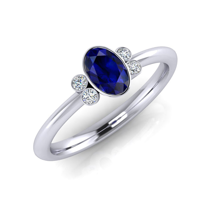 Blue Sapphire and Diamond Bezel Set Platinum Ring Perspective View
