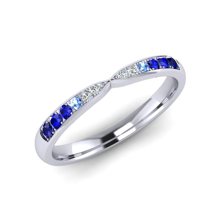 Blue Sapphire, Diamond and Platinum Pinched In Center Wedding Ring