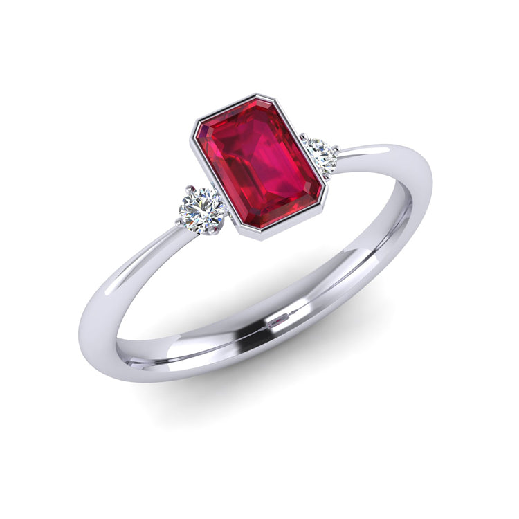 Fine Octagonal Cut Ruby and Diamond Ring in Platinum Perspective View