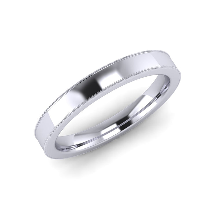 Flat Court Platinum Wedding Ring with Millgrain Perspective View