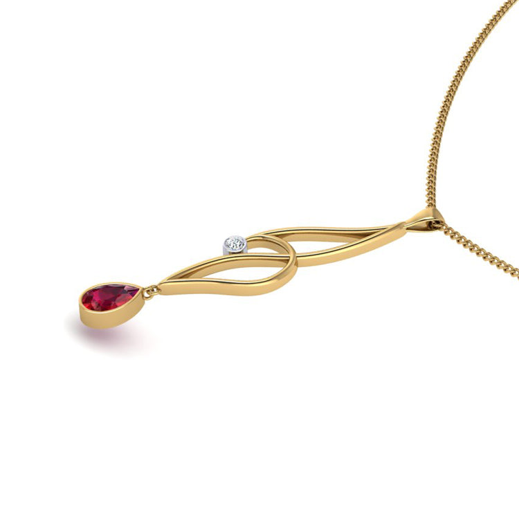 Pear Shaped Ruby 18ct Gold Curlicue Pendant Perspective View