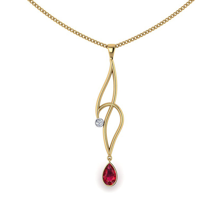 Pear Shaped Ruby 18ct Gold Curlicue Pendant