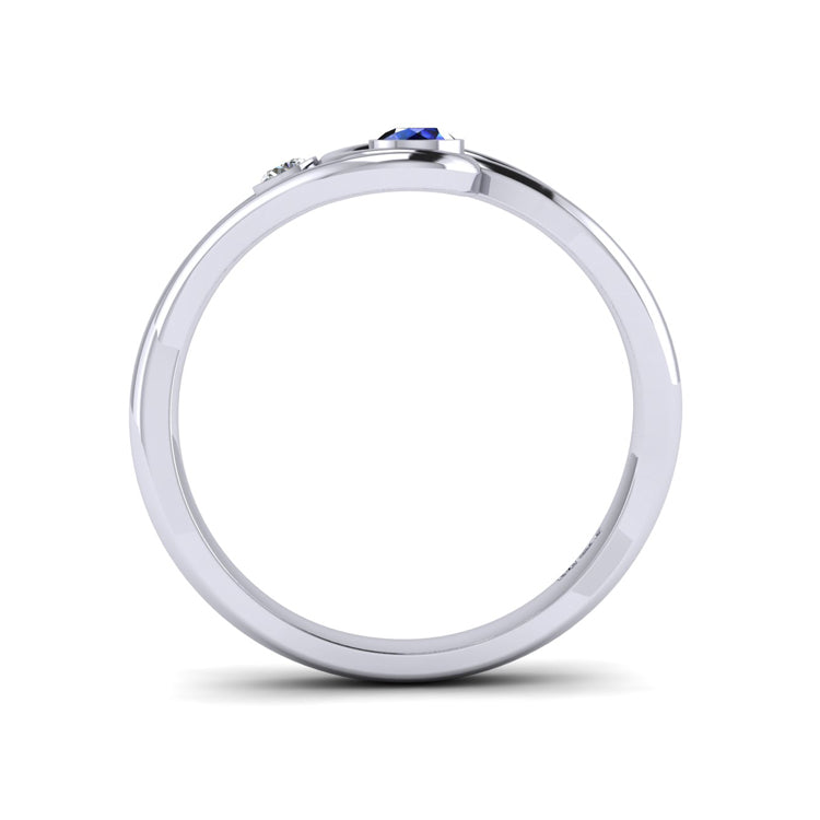 Platinum Sapphire and Fine Diamond Curlicue Ring Through Finger View