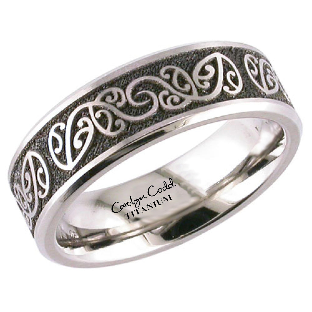Titanium Flat Profile Ring Engraved New Zealand Koru Fern Design with Chamfered Edge