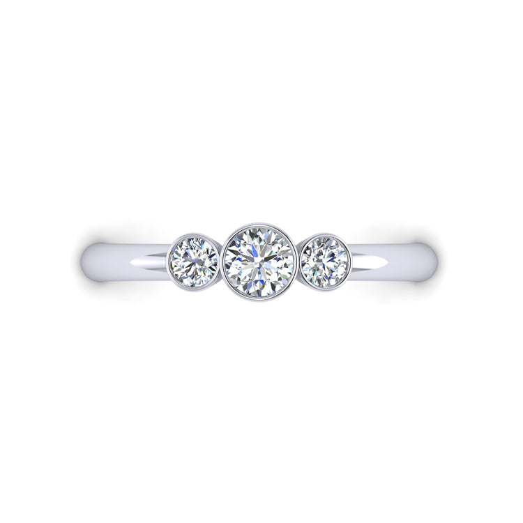 Bezel set Diamond platinum trilogy ring looking down view