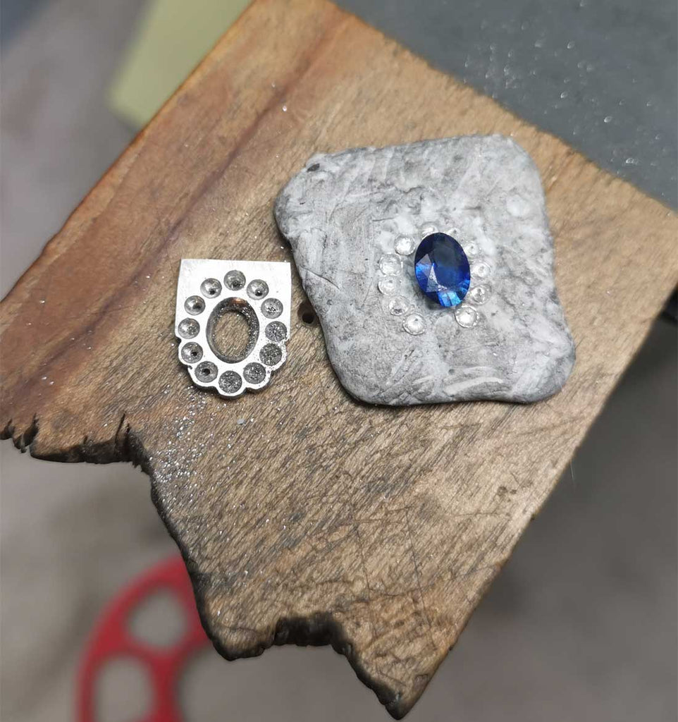 Wrought Engagement ring being made with royal blue oval sapphire centre stone Nottingham bespoke 