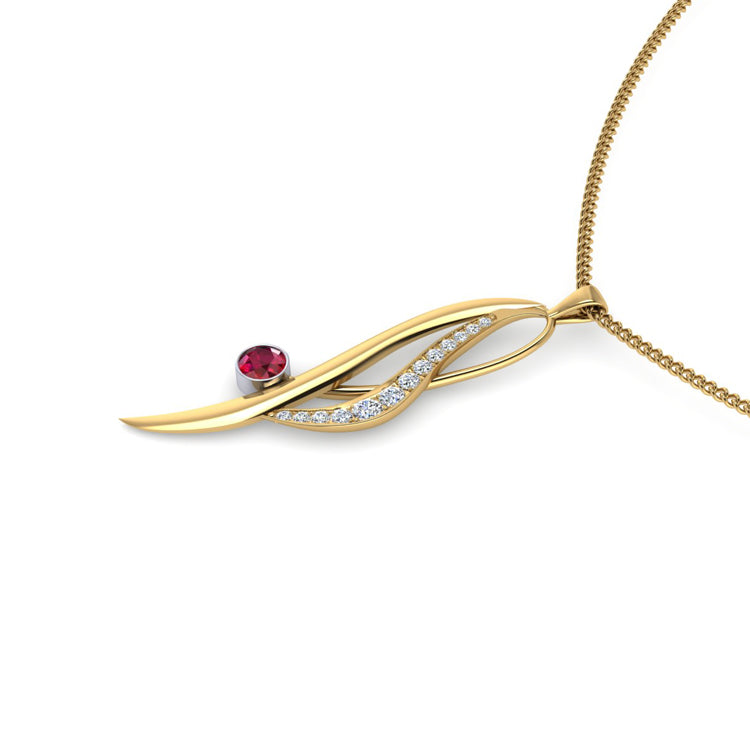 Fine Ruby and 9ct Yellow Gold diamond encrusted 'Elegance' Pendant Perspective View
