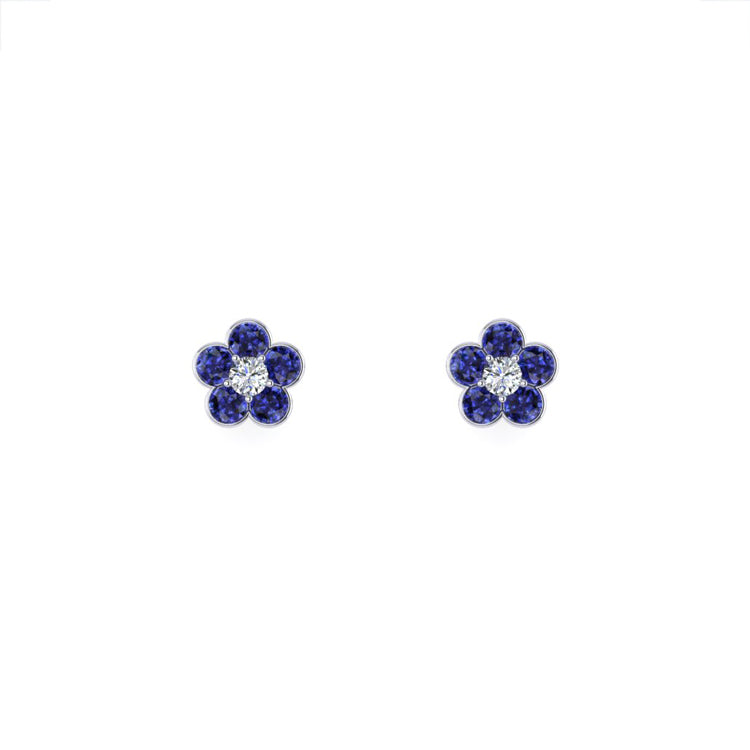 Floral blue sapphire diamond platinum studs