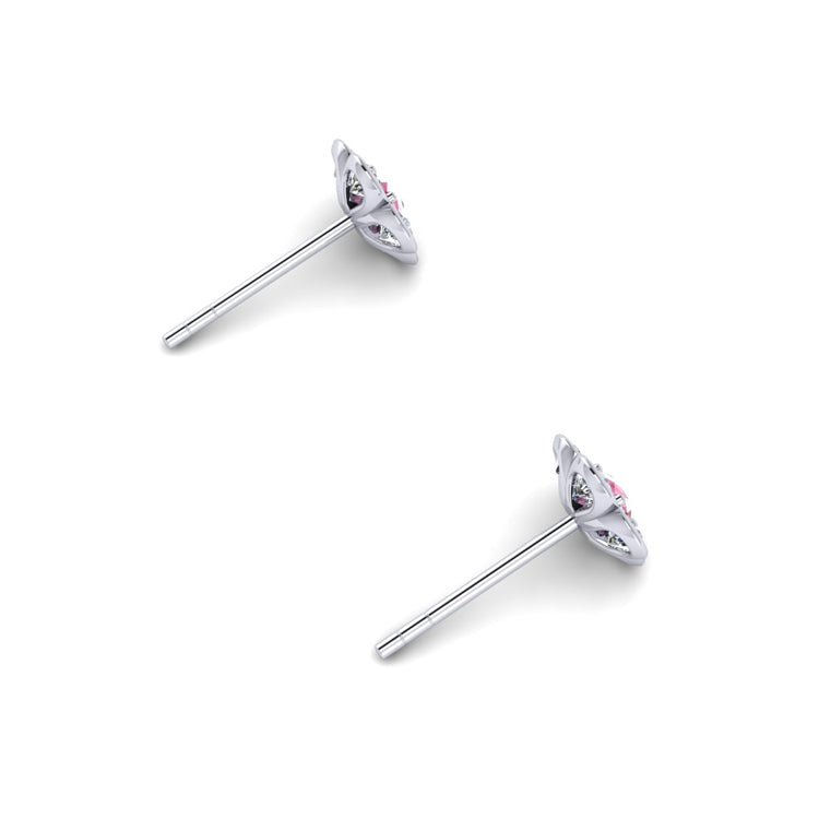 Floral pink sapphire diamond platinum studs perspective view