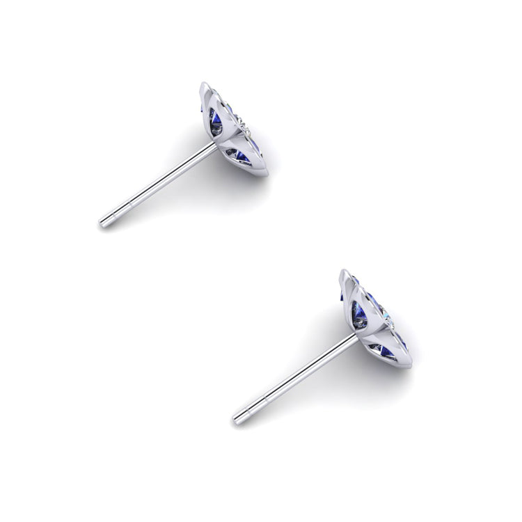 Floral blue sapphire diamond platinum studs perspective view