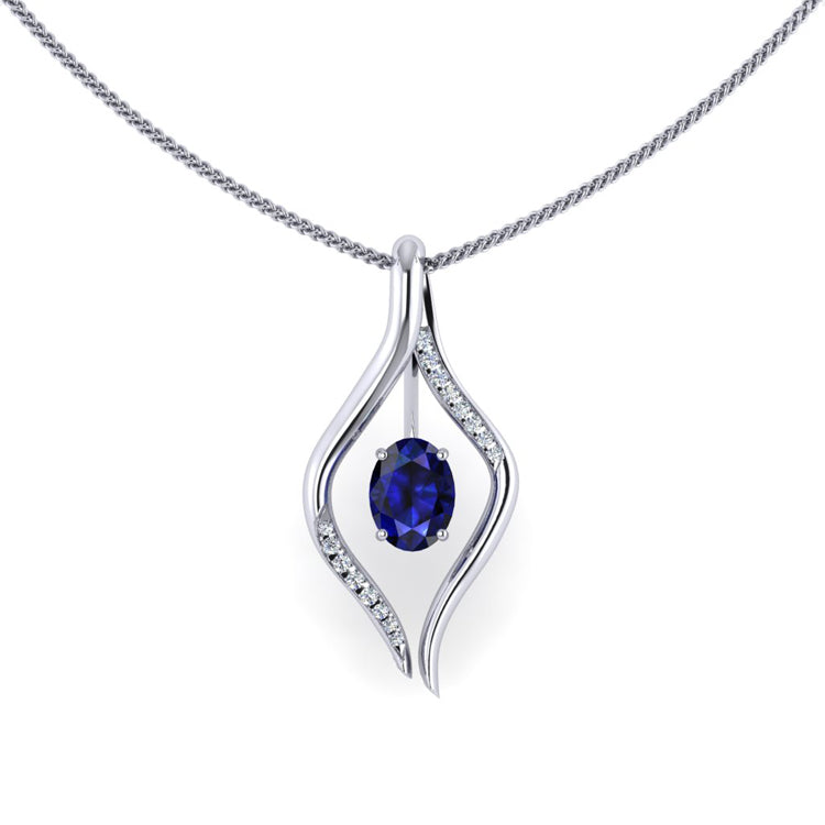 Natural Oval Blue Sapphire and Diamond Platinum Pendant Front View