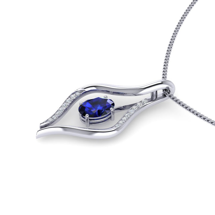 Natural Oval Blue Sapphire and Diamond Platinum Pendant Front View