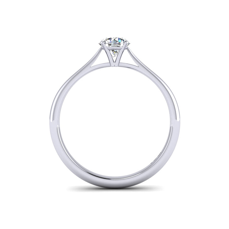 Platinum diamond engagement ring with open shoulders through finger view