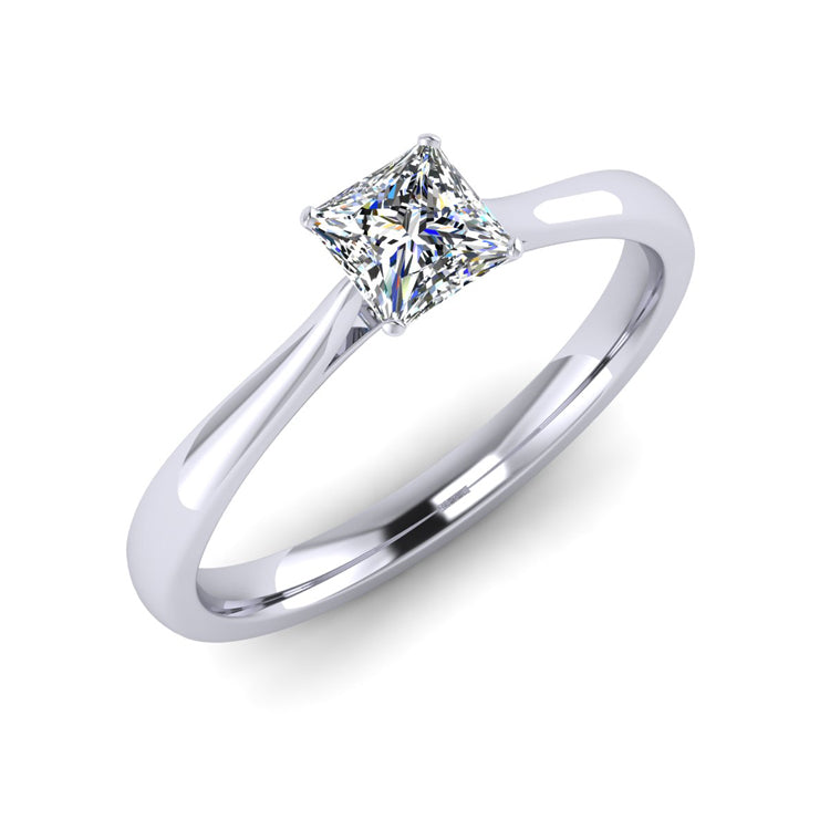 Princess cut diamond platinum engagement ring with open shoulders perspective view