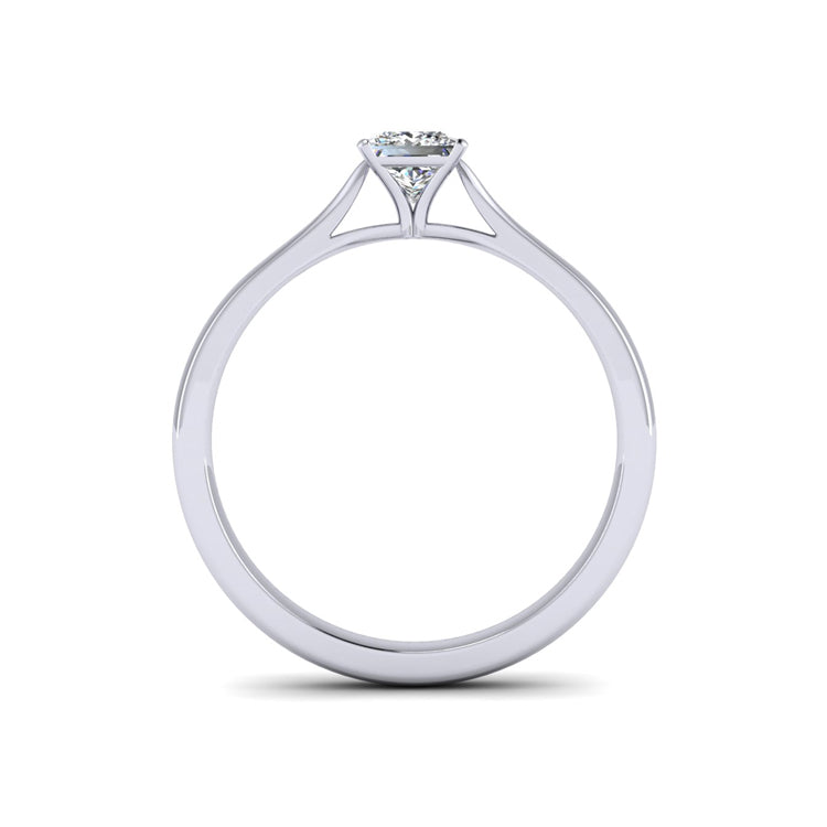 Princess cut diamond platinum engagement ring with open shoulders through finger  view
