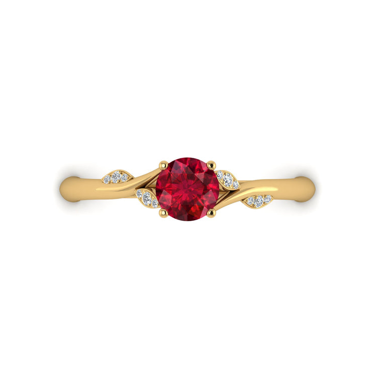 18ct Gold Natural Ruby and Fine Diamond Branch and Leaves Ring Looking Down View