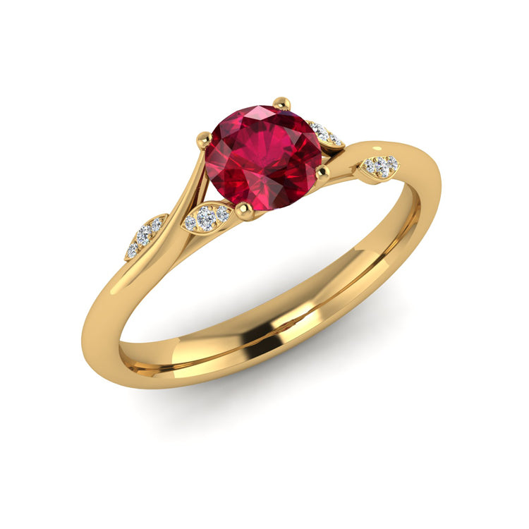 18ct Gold Natural Ruby and Fine Diamond Branch and Leaves Ring Perspective View