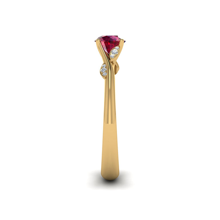 18ct Gold Natural Ruby and Fine Diamond Branch and Leaves Ring Side View