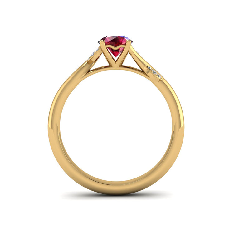 18ct Gold Natural Ruby and Fine Diamond Branch and Leaves Ring Through Finger View