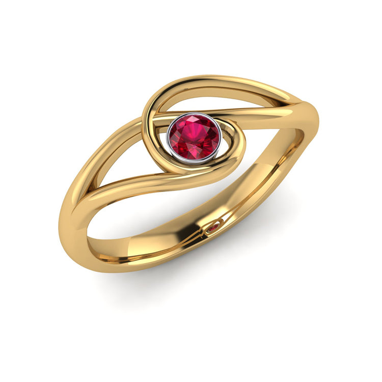 18ct Gold and Fine Ruby Curlicue Ring Perspective View