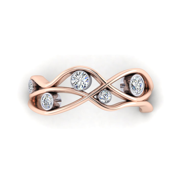 18ct Rose Gold Open Wave Curlicue Ring with Fine Diamonds Looking Down View