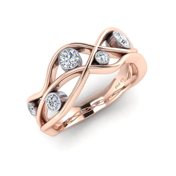 18ct Rose Gold Open Wave Curlicue Ring with Fine Diamonds Perspective View