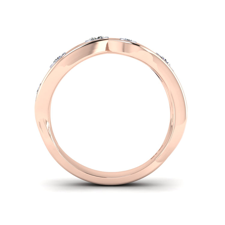 18ct Rose Gold Open Wave Curlicue Ring with Fine Diamonds Through Finger View