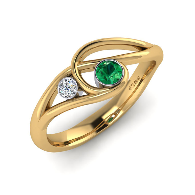 18ct Yellow Gold Emerald and Fine Diamond Curlicue Ring Perspective View
