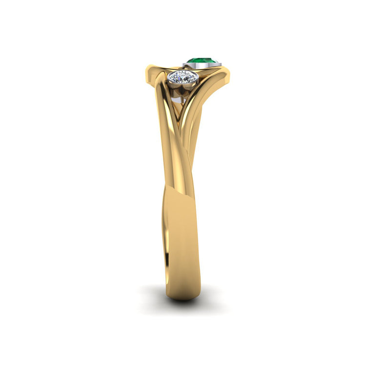 18ct Yellow Gold Emerald and Fine Diamond Curlicue Ring Side View
