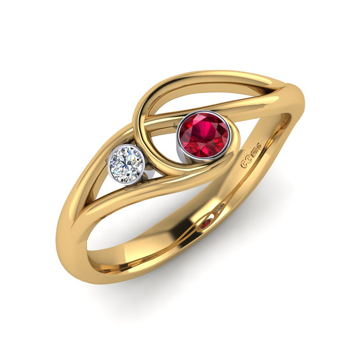 18ct Yellow Gold Ruby and Fine Diamond Curlicue Ring Perspective View