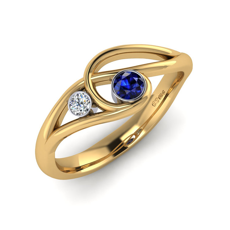 18ct Yellow Gold Sapphire and Fine Diamond Curlicue Ring Perspective View