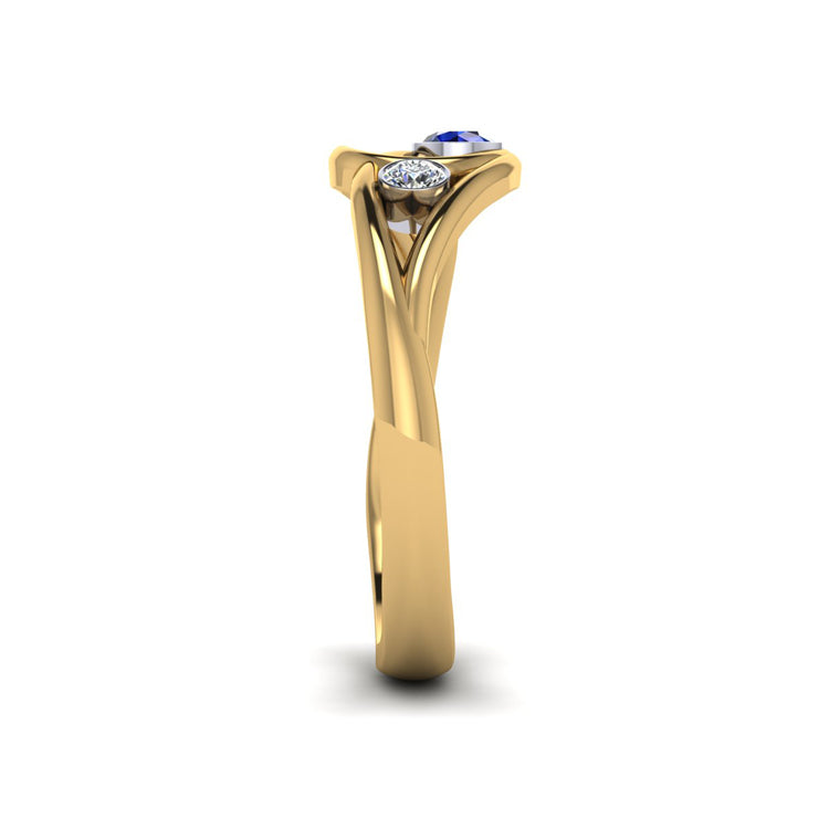 18ct Yellow Gold Sapphire and Fine Diamond Curlicue Ring Side View