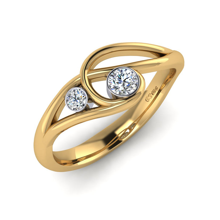 18ct Yellow Gold and Two Fine Diamond Curlicue Ring Perspective View