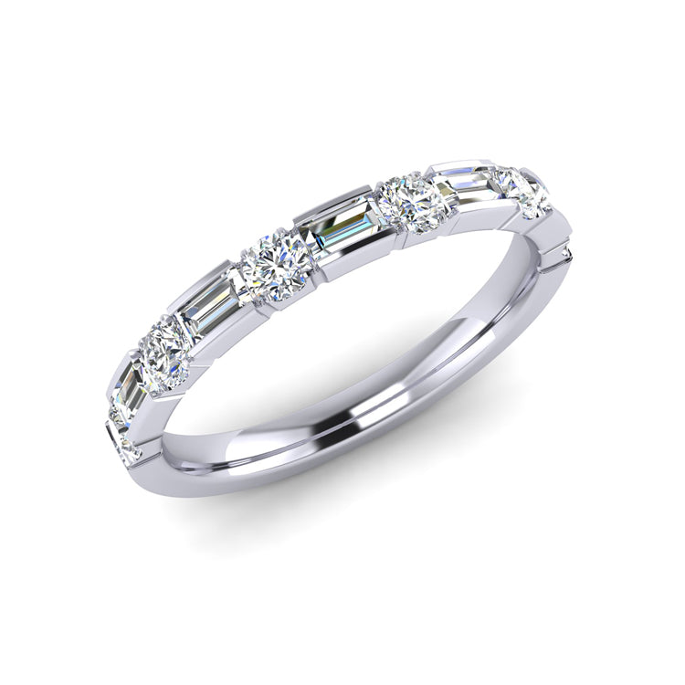 Alternating Round and Baguette Cut Diamond Platinum Eternity Ring Perspective View