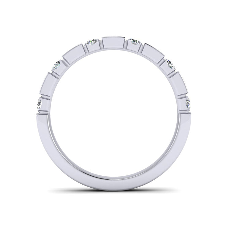 Alternating Round and Baguette Cut Diamond Platinum Eternity Ring Through Finger View