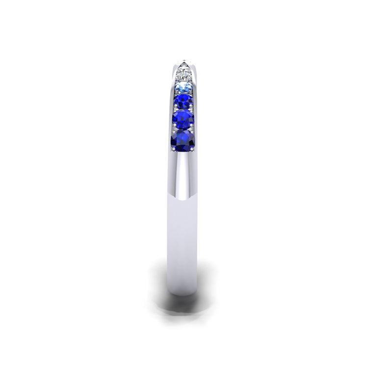 Blue Sapphire, Diamond and Platinum Pinched In Center Wedding Ring Side View