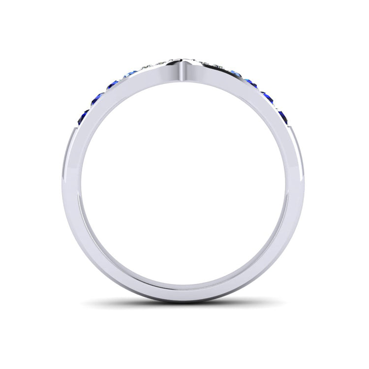 Blue Sapphire, Diamond and Platinum Pinched In Center Wedding Ring Through Finger VIew