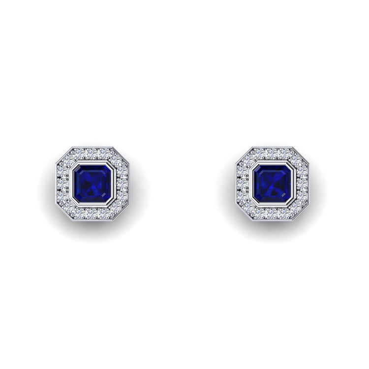 Octagonal Blue Sapphire and Fine Diamond Platinum Stud Earrings Video