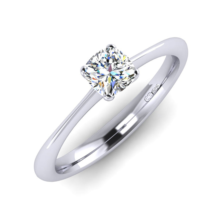 Cushion cut diamond solitaire platinum ring perspective view