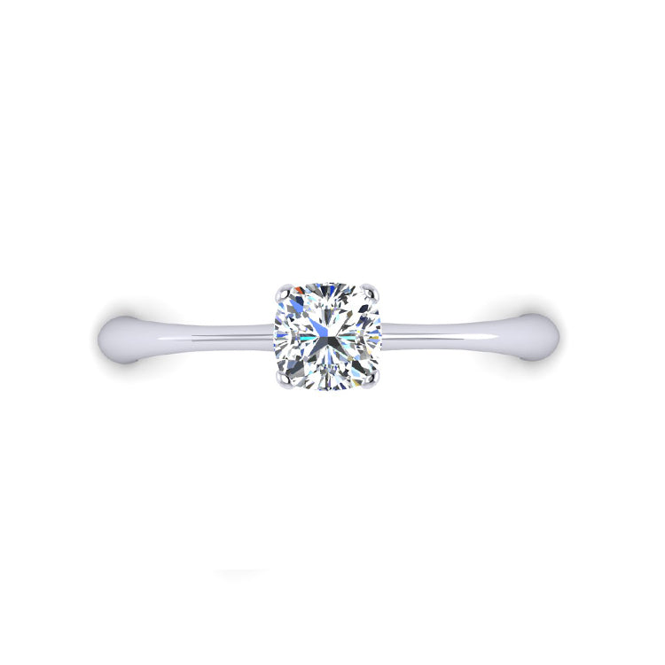 Cushion cut diamond solitaire platinum ring looking down view