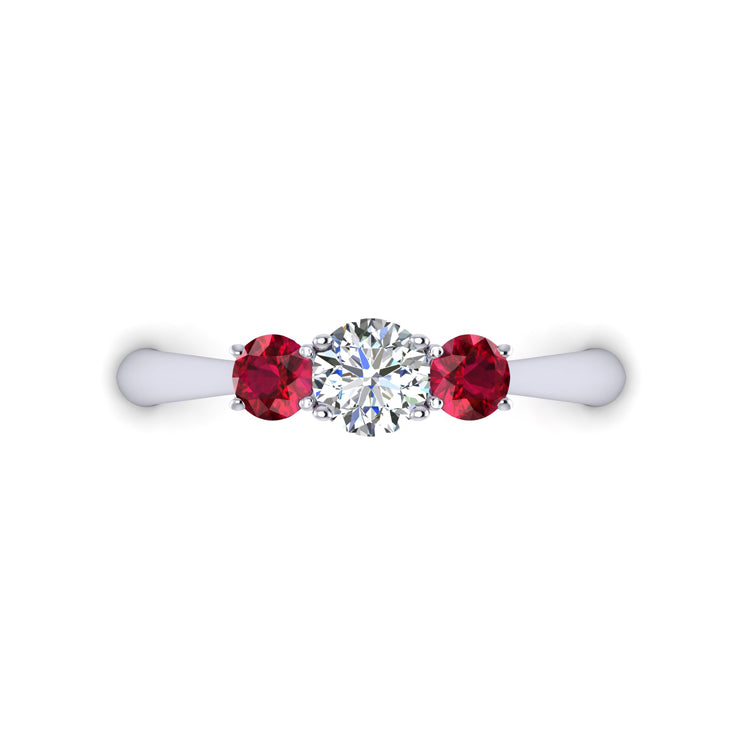 Fine Diamond and Ruby Trilogy Platinum Ring Looking Down View